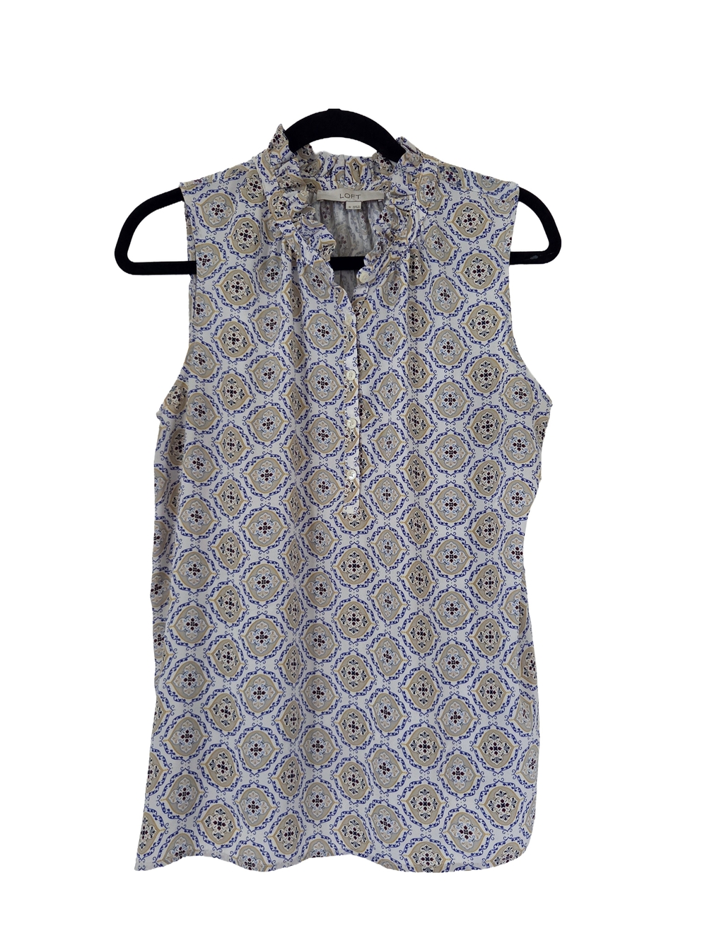 LOFT Paisley Pattern Ruffled Neckline Sleeveless Blouse (M)